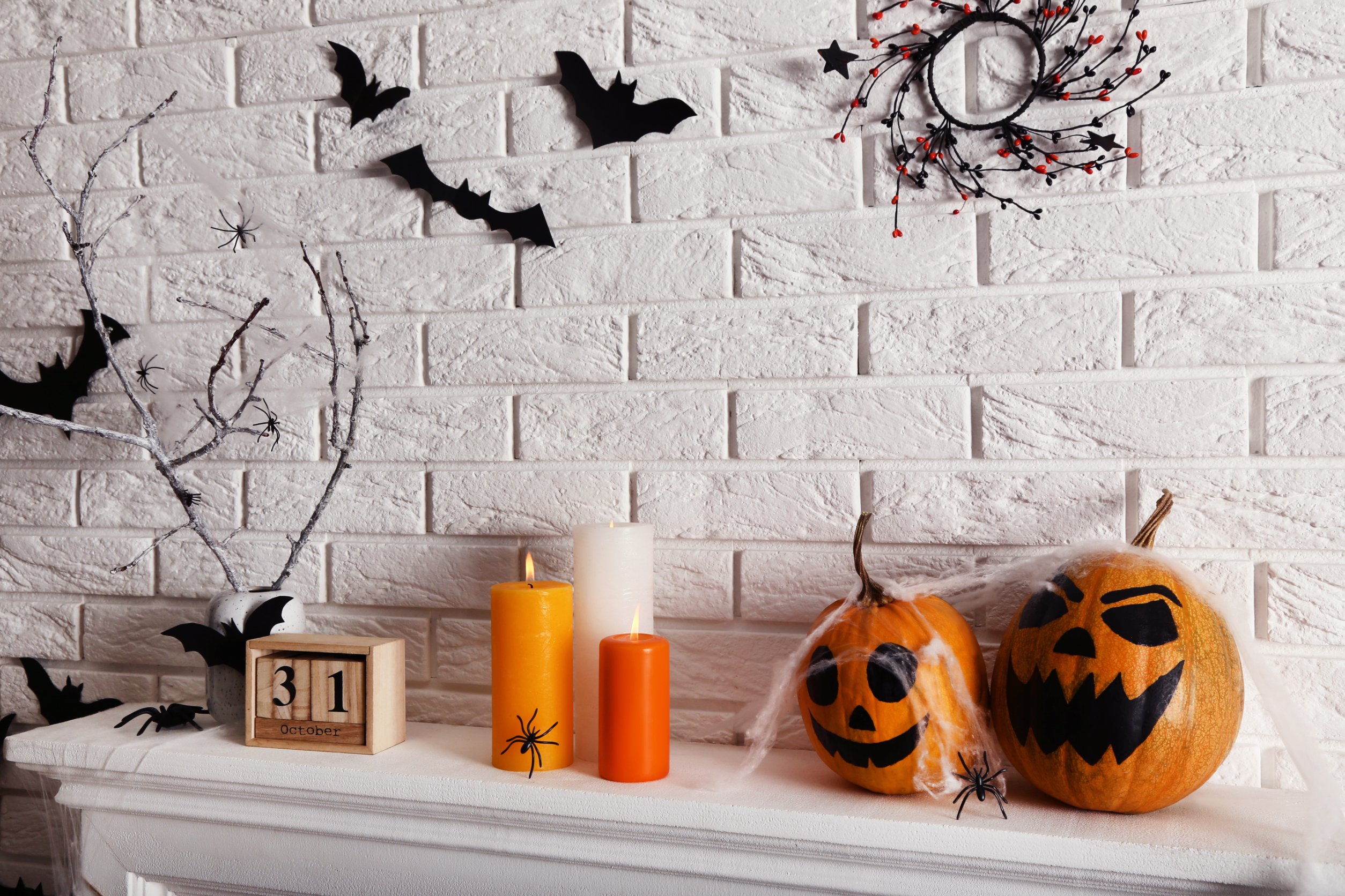 Fireplace with Halloween decorations.