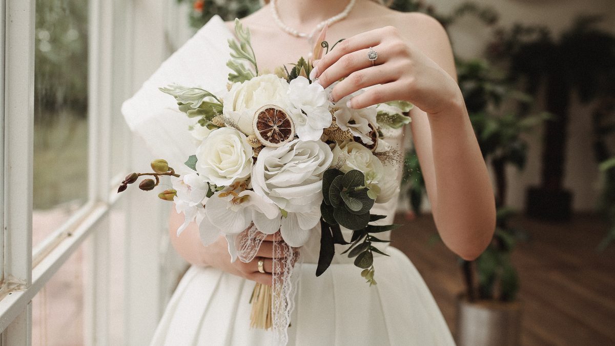 Bride holding her bridal bouquet.